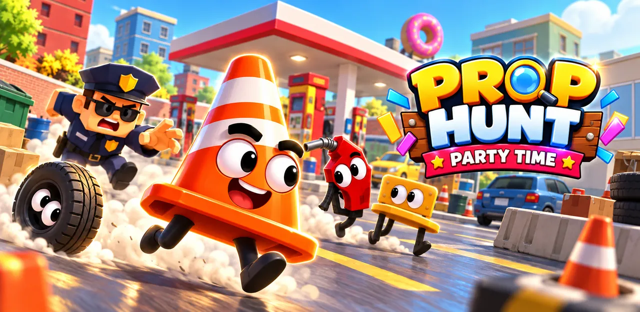 A traffic cone, a tyre, a fuel pump and a little chair with eyes run from a police officer across a gas station