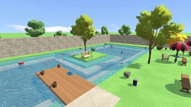 A pond with a jetty and a little island in the villa garden